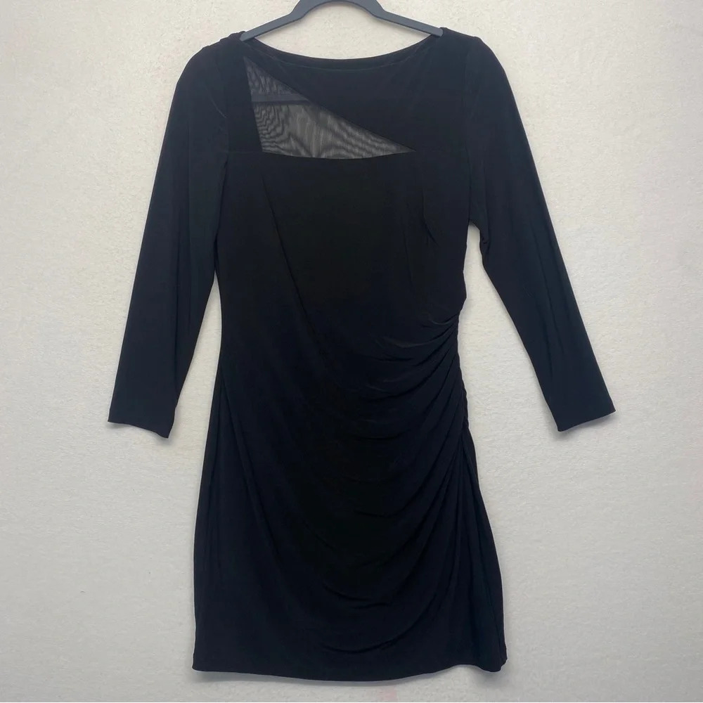 Lauren Ralph Lauren Black Dress MIDI 10 Petite Long Sleeve Mesh‎ Cutout Ruched